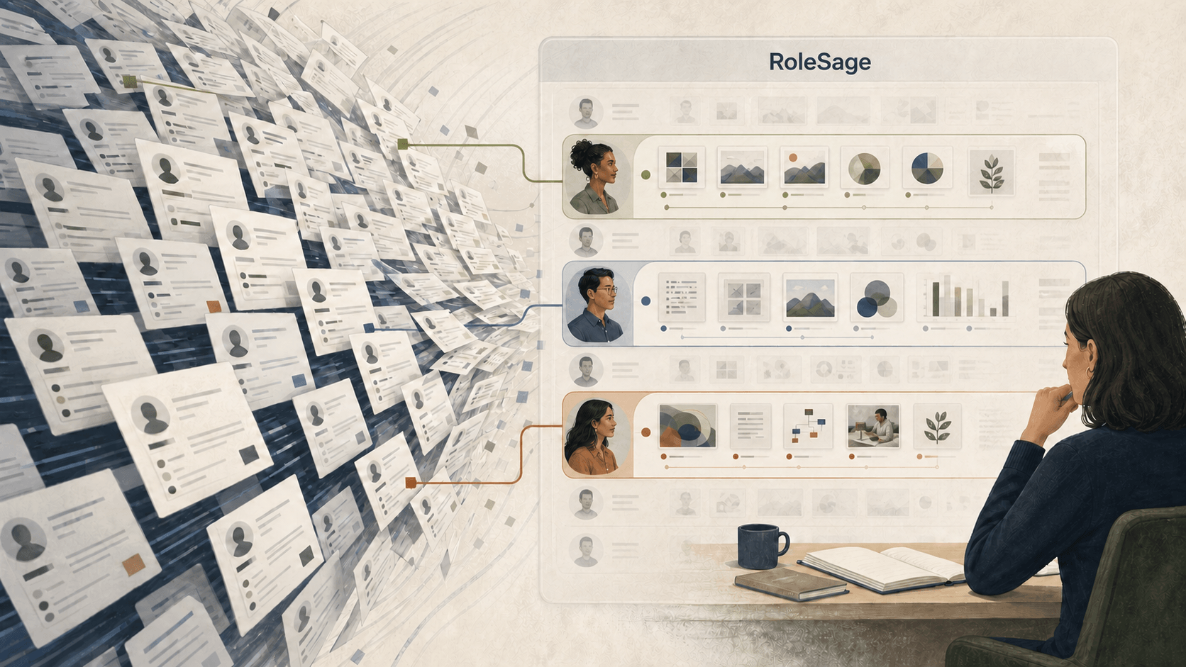 An application avalanche becoming traceable candidate evidence inside RoleSage for a human hiring decision.