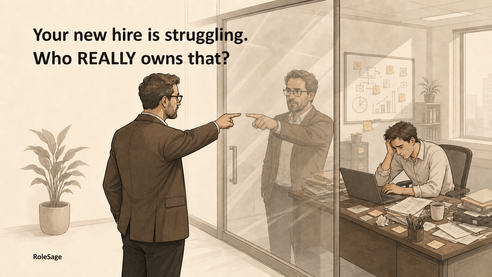 A manager points at a struggling new hire while the manager's reflection points the accusation back at leadership.
